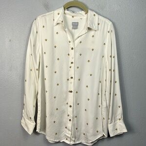 Chico’s Bee Print White Long Sleeve Button Front Blouse Small 4-6